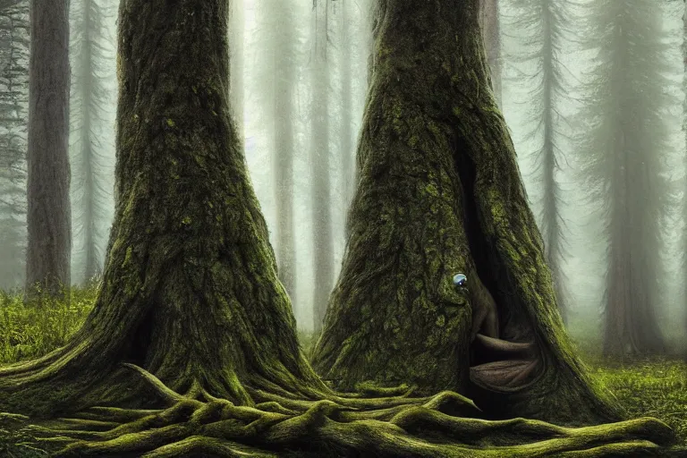 Image similar to ent monster tree in a swedish forest, very low angle photograph, very detailed, trending on artstation, realistic, soft colors, illustration by john bauer, simon stålenhag