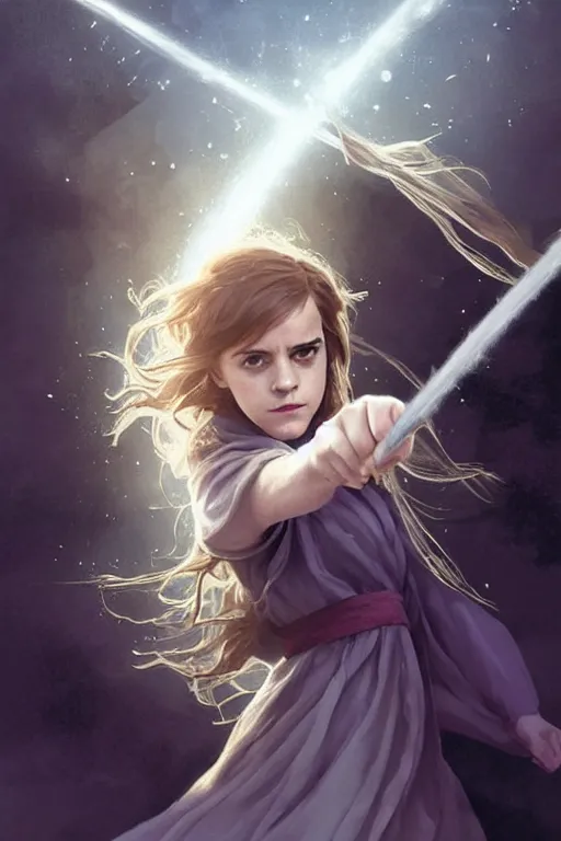 Image similar to Poster artwork, Emma Watson as Hermione Granger, wearing hogwarts!!! robes!!!, young!!!, prisoner of Azkaban, magnificent, close up, details, sharp focus, elegant, highly detailed, illustration, by Jordan Grimmer and greg rutkowski and PiNe(パイネ) and 薯子Imoko and 香川悠作 and wlop!!!! and maya takamura, intricate, beautiful, sunset!!!, Trending artstation, pixiv, digital Art