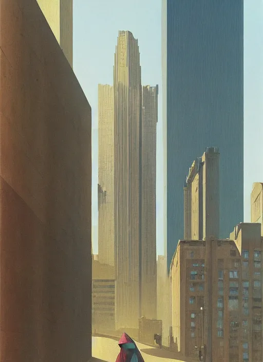 Image similar to woman dressed in paper bags, paper bags over the head on megapolis street, tall buildings, Edward Hopper and James Gilleard, Zdzislaw Beksinski, highly detailed