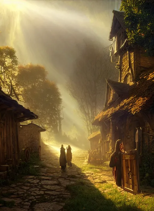 Image similar to small poor medieval village, mist, sunrays, dust in the air, dnd character, unreal engine, octane render, dramatic lighting, pond, digital art, by stanley artgerm lau, greg rutkowski, thomas kindkade, alphonse mucha, loish, norman rockwell,