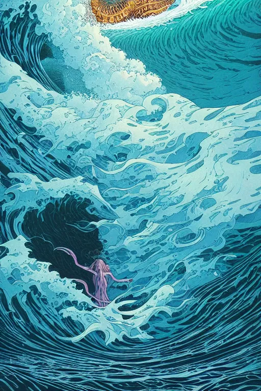 Prompt: a sea witch summoning a giant wave by dan mumford and karol bak and john harris and fritz willis and victo ngai, highly detailed, photorealism, hyperrealistic