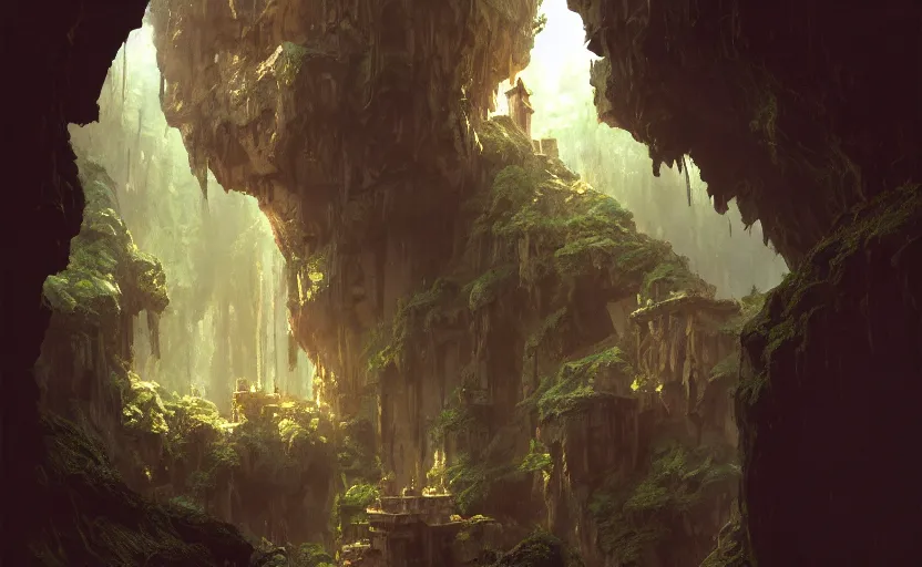 Image similar to painting of a series of opposing living quarters carved high up inside a mountain, lush garden with hot spring between, cozy bed, well maintained, clean, medieval, fantasy genre, natural light, fantasy, natural light, sharp focus, concept art, by greg rutkowski and craig mullins, cozy atmospheric and cinematic lighting, trending on artstation