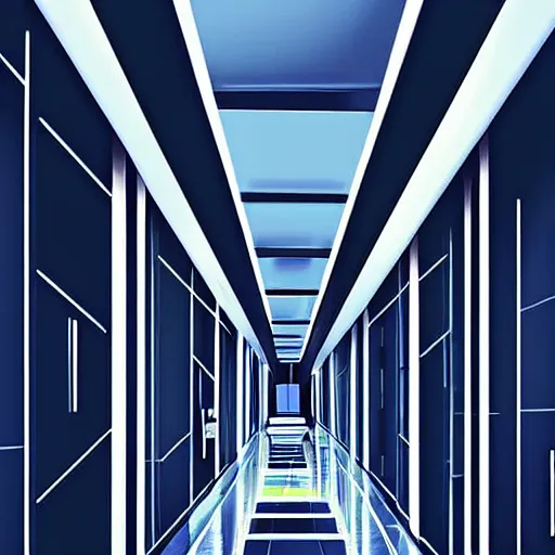 Prompt: a futuristic hallway, digital art, painterly style, epic composition, hd, 4 k, professional, intricate detail