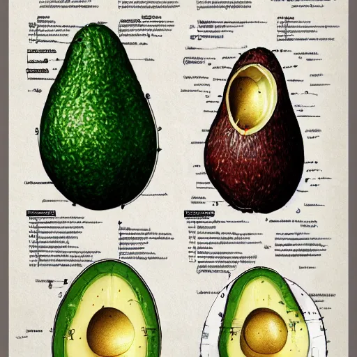 Image similar to anatomy of a avocado, da vinci notes, ultradetailed, artstation