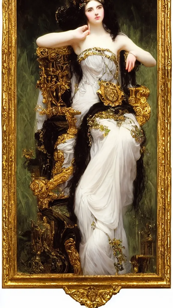 Image similar to a beautiful black haired woman with pale skin and a crown on her head sitted on an intricate metal throne by franz xaver winterhalter and delphin enjolras and rebecca guay