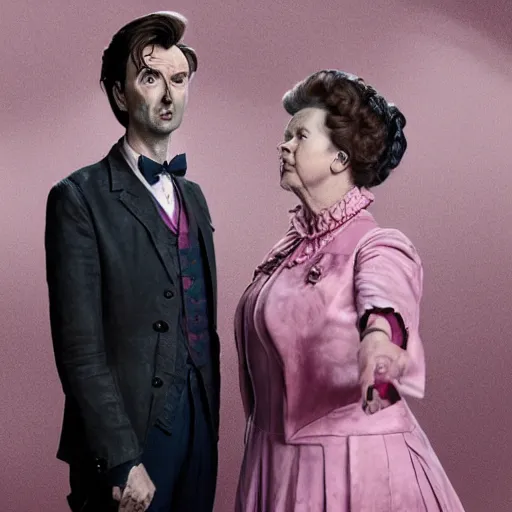 Prompt: david tennant and imelda staunton as dolores umbridge in pink clothes with the tenth doctor who, highly detailed, artstation, concept art, fantasy, smooth, sharp focus, illustration, perfect face, art by willem claesz. heda, nikolay makovsky, jacek malczewski, arthur hughes, edward okun, franz xaver winterhalter