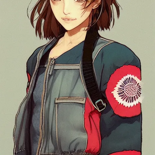 Image similar to a beautiful! boyish! natalie portman alluring gravure! model, wearing oversized mayan bomber jacket and leotard with overalls, bulky poofy bomber jacket with mayan patterns, gapmoe yandere grimdark, trending on pixiv fanbox, painted by greg rutkowski makoto shinkai takashi takeuchi studio ghibli, akihiko yoshida