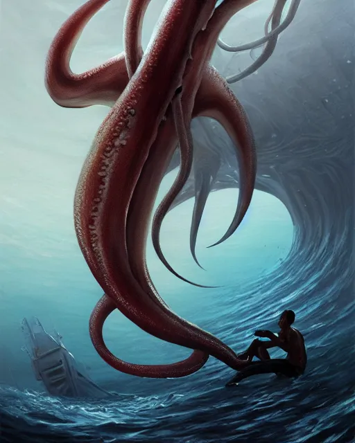 Prompt: a dream fantasy painting of a giant squid attack a swimming man, by beksinki, giger, greg rutkowski, carne griffith trending on artstation, deviantart, photorealism