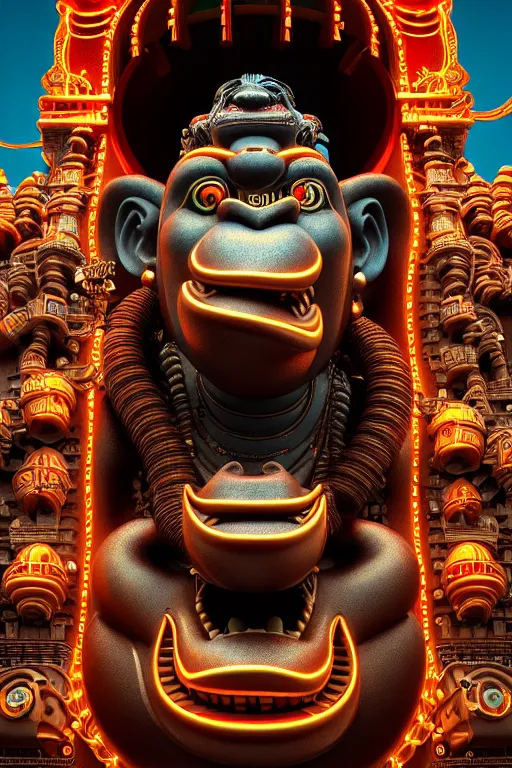 Image similar to high quality 3 d render post - rococo cyberpunk hanuman! head building, neon madhubani, open mouth, highly detailed, in sci - fi mumbai, cinematic smooth unreal engine, lee madgwick & liam wong, dramatic light, low angle, uhd 8 k, sharp focus