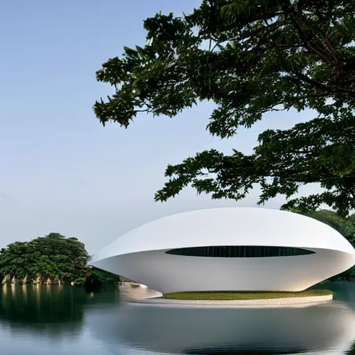 Prompt: a white art museum building with a fish shaped cell bubble structure on the surface of a beautiful lake. the interior is luminous. it was created by tadao ando and hiroshi shimajima