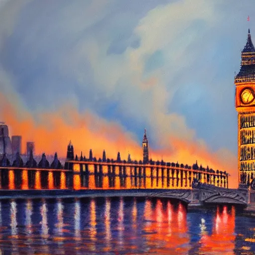 Image similar to detailed, soft, dynamic painting of the Big Ben in flames, burning, arson, professional painting, at dusk