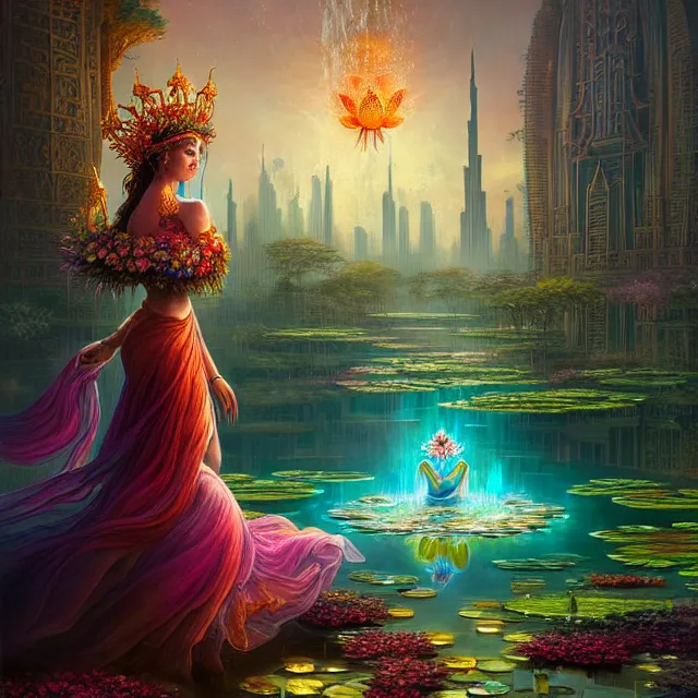 Image similar to Beautiful 3d render of the flower queen goddess near a pond full of lotus, atmospheric lighting, painted, intricate, volumetric lighting, beautiful, rich deep colours masterpiece, sharp focus, ultra detailed, in the art style of Dan Mumford and marc simonetti, with a clear crowded futuristic cyberpunk dubai city in the background, astrophotography