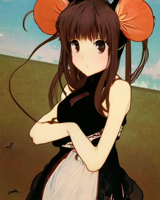 Image similar to A cute frontal painting of a very very beautiful anime skinny mousegirl with long wavy brown colored hair and small mouse ears on top of her head wearing a cute black dress and black shoes looking at the viewer, elegant, delicate, feminine, soft lines, higly detailed, smooth , pixiv art, ArtStation, artgem, art by alphonse mucha Gil Elvgren and Greg rutkowski, high quality, digital illustration, concept art, very long shot