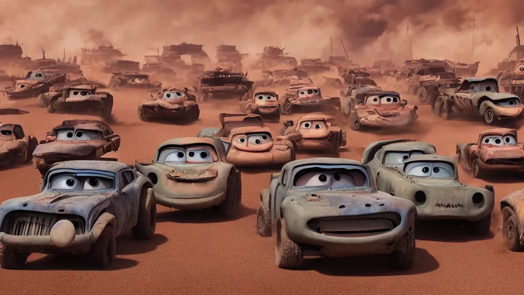 Image similar to pixar cars in mad max fury road, cartoon eyes, explosions, war boys, imax