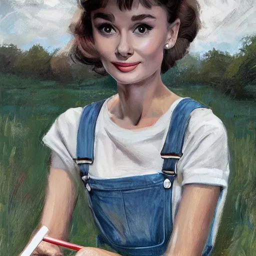 Prompt: young audrey hepburn wearing overalls, on a farm, painting by artgerm, greg rutkowski