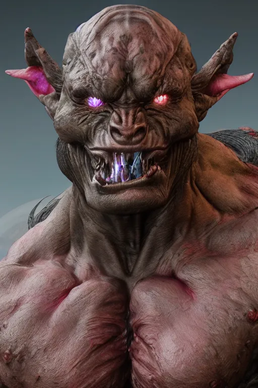 Image similar to full shot, humanoid orc demon alien wolf mash - up, photorealistic, 8 k uhd, unreal engine 5 rendered, portrait, extremly detailed, hyper realistic, extremely detailed, colorful by wayne barlowe