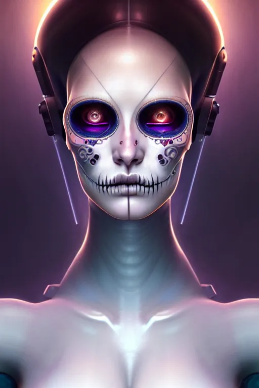 Image similar to ultra detailed portrait of a female android, eyes closed, sci - fi, moody, calm, ( dia de los muertos ), asymmetrical, intricate concept art, art by artgerm and giger and michael welan and alphonse mucha and loish and wlop