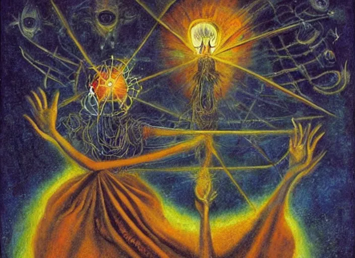 Prompt: a shaman woman holding up the cosmic!!!! universe, by remedios varo, reflection, symbolist!, psychedelic colors, dramatic!! lighting, smooth, sharp focus, extremely detailed, aesthetically pleasing composition