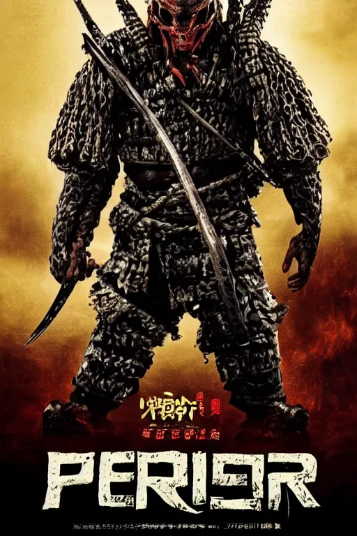 Image similar to movie poster for predator film shot in feudal japan staring hiroyuki sanada as a disgraced ronin, who hunts down the predator after he fails to protect his master from it