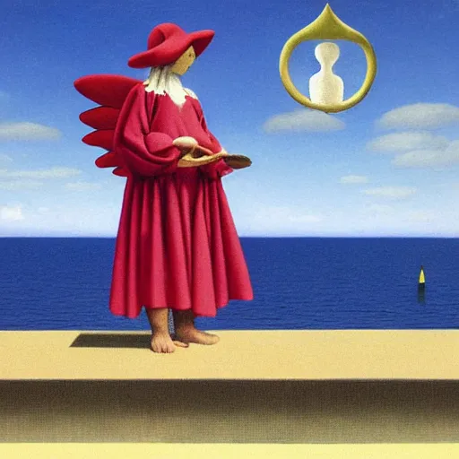 Image similar to An angel with jester hat and clothes on the front of a Balustrade with a beach on the background, major arcana cards, by Rene Magritte, hyperrealistic