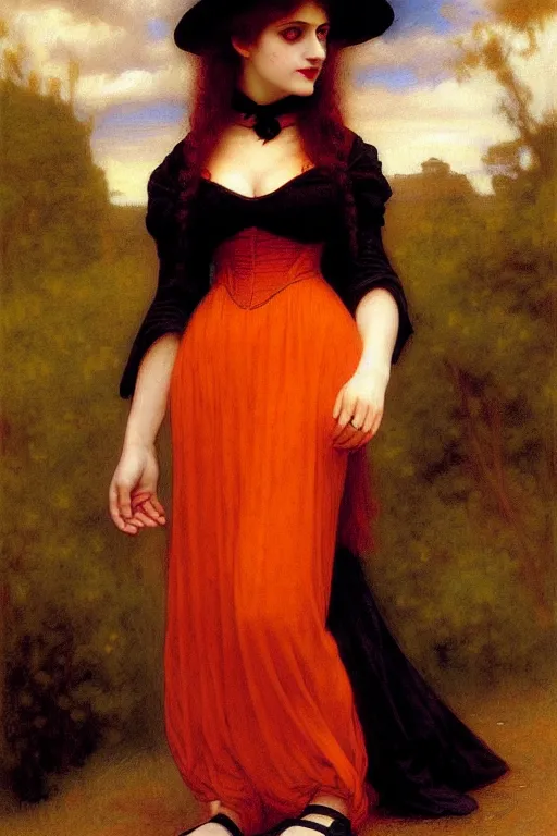 Prompt: victorian vampire in orange dress, painting by rossetti bouguereau, detailed art, artstation