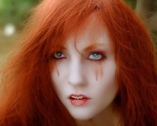 Image similar to award winning 5 5 mm close up face portrait photo of an anesthetic and beautiful redhead vampire lady who looks directly at the camera with bloodred wavy hair, intricate eyes that look like gems and long sharp fangs, in a park by luis royo. rule of thirds.