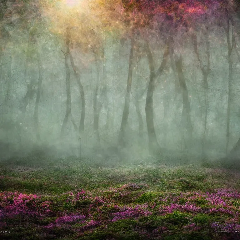 Image similar to a planet of various fungus like trees, mushrooms, flowers and plants, artistic photography, conceptual, long exposure outside the city, volumetric light