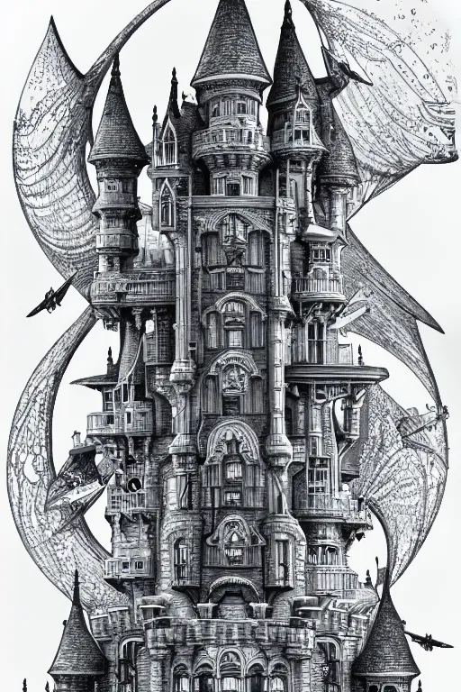 Prompt: a line drawing of a flying science fiction castle joe fenton, trending on artstation, realistic rendering