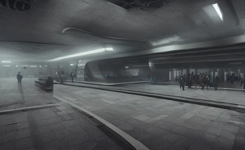 Image similar to Futuristic subway station , gloomy and foggy atmosphere, octane render, artstation trending, horror scene, highly detailded