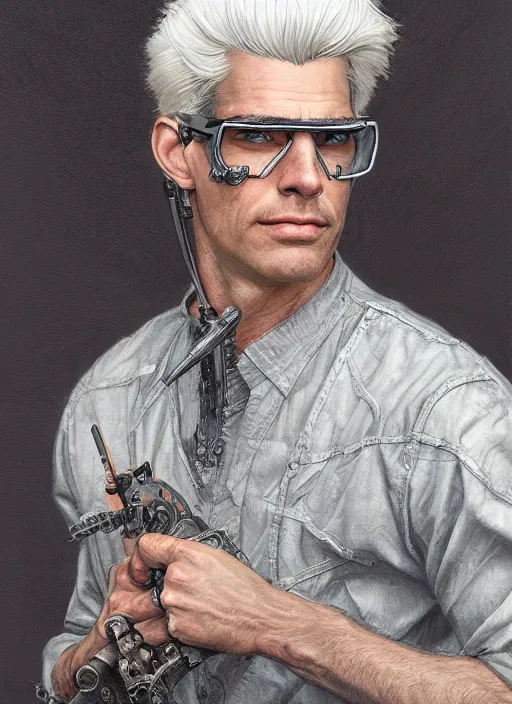 Image similar to a ruggedly handsome young man with white hair and safety goggles, intricate, elegant, highly detailed, centered, digital painting, artstation, concept art, smooth, sharp focus, illustration, art by todd lockwood and donato giancola and Joseph Christian Leyendecker