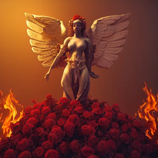 Image similar to fully body image of baroque style ornate warrio angel standing in bed of roses surounded by fire and smoke, moody rim light, dynamic lighting, cinematic shot, ultra detail, renderman, physically based render