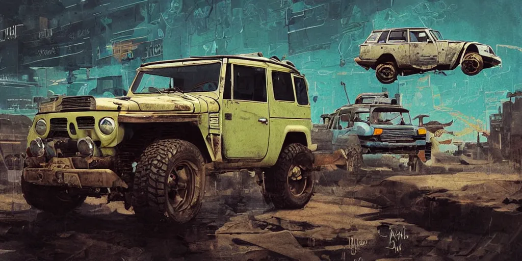 Image similar to digital illustration of a futuristic faded cyan mad max's fj 4 0 decrepit!!!! pursuit special, rusty!!! cyberpunk nissan fj cruiser heavily modded 1 9 9 0 s, the last v 8 interceptor by makoto shinkai, ilya kuvshinov, lois van baarle, rossdraws, basquiat