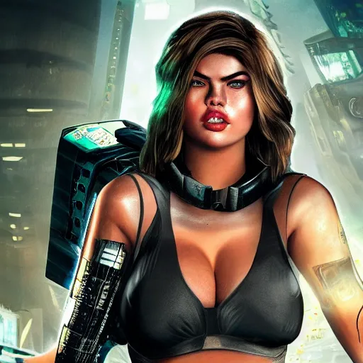Prompt: photo of kate upton as a cyberpunk rogue warrior
