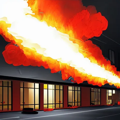 Prompt: a server room on fire, digital art, smoke, explosions, realistic