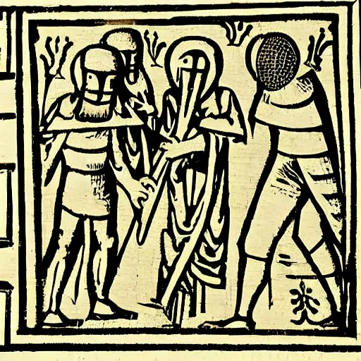 Prompt: medieval wood cut depicting an alien invasion