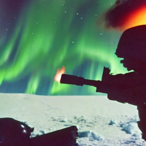 Image similar to a high quality color extreme closeup film 3 5 mm depth of field photograph of a us soldier's face as he frantically iss pouring a can of gasoline along the perimeter of homes in mcmurdoch station in antarctica in 1 9 8 2 with the aurora borealis in the sky at night