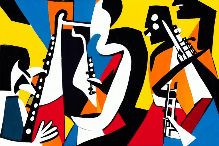 Prompt: 3 jazz musicians, head and shoulders playing with musical notes as abstract art in the style of Stuart Davis, texture, matte illustration