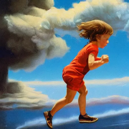 Prompt: a running child turning into vapor, mist, smoke, scissors in hand, a detailed matte painting by John Philip Falter