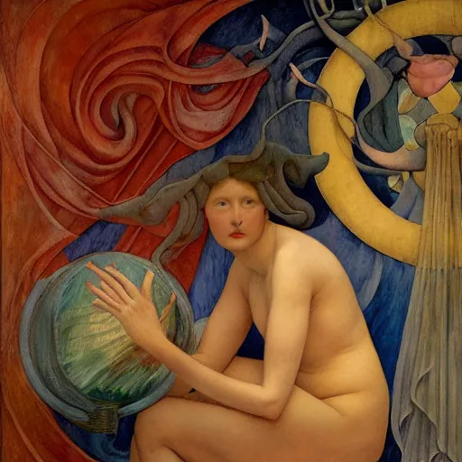 Image similar to dawn with her lantern, annie swynnerton diego rivera and evelyn de morgan and lucien freud and jean delville, symbolist, dramatic lighting, elaborate geometric ornament, art brut, soft pastel colors, smooth sharp focus, extremely detailed, adolf wolfli, leo and diane dillon, nicholas roerich, donato giancola and gaston bussiere