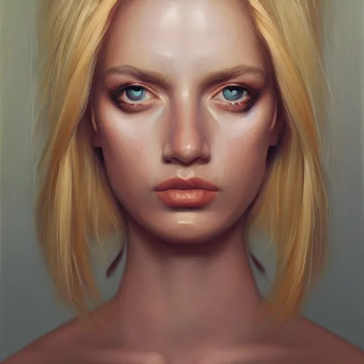 Image similar to a symmetrical portrait of a blonde woman with strong manly facial features, oil painting, pale colors, high detail, 8 k, wide angle, trending on artstation,