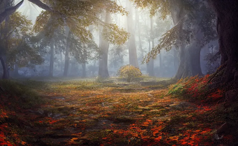 Image similar to Overgrown hallway, low camera angle, looking up, light shinning through the leaves of the tree, peak autumn, immaculate scale, matte painting, sunshine filtering through the clouds, digital art, trending on Artstation, hyper-realistic, detailed, ultra detailed