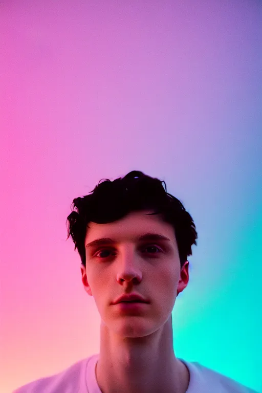 Prompt: high quality pastel coloured film mid angle selfie photograph of a beautiful young 2 0 year old male, soft features, short black hair, resting in an icelandic black rock environment. atmospheric. three point light. photographic. art directed. ( pastel colours ). volumetric light. clearcoat. waves glitch. 8 k. filmic.