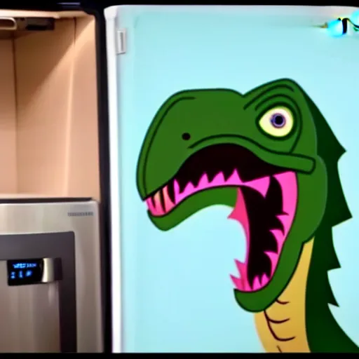 Image similar to still from a velociraptor's vlog, the velociraptor complaining about his samsung refrigerator