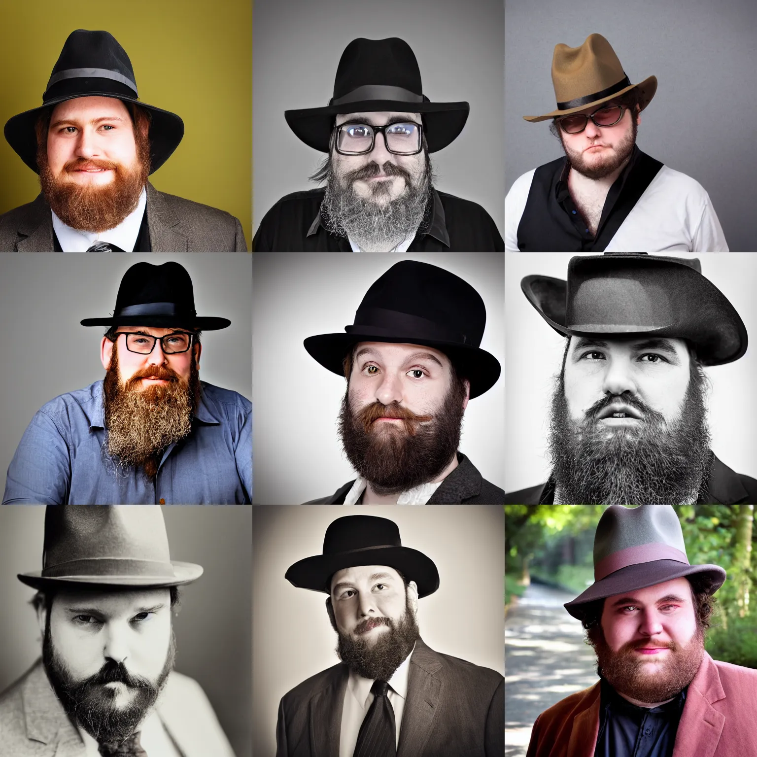 Prompt: Photograph portrait of the person with the biggest neckbeard ever, tipping his fedora