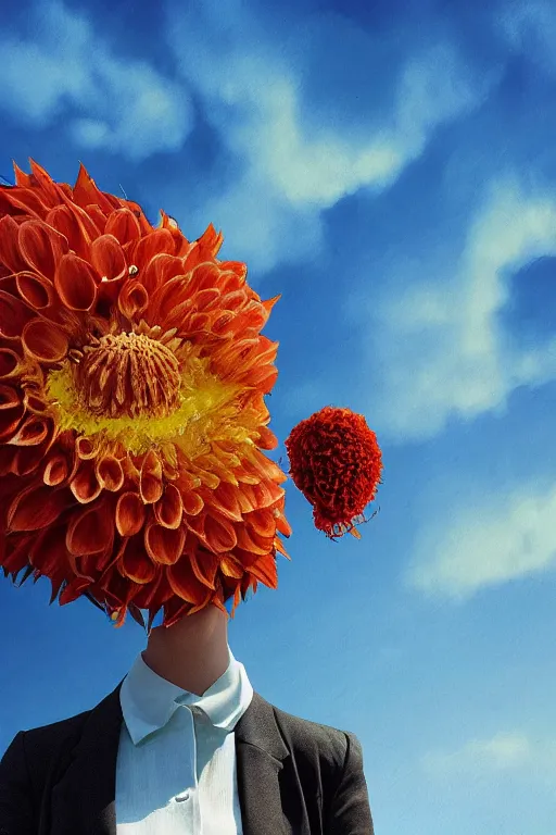 Image similar to closeup giant dahlia flower head, girl in a suit on a street, surreal photography, blue sky, sunrise, dramatic light, impressionist painting, digital painting, artstation, simon stalenhag