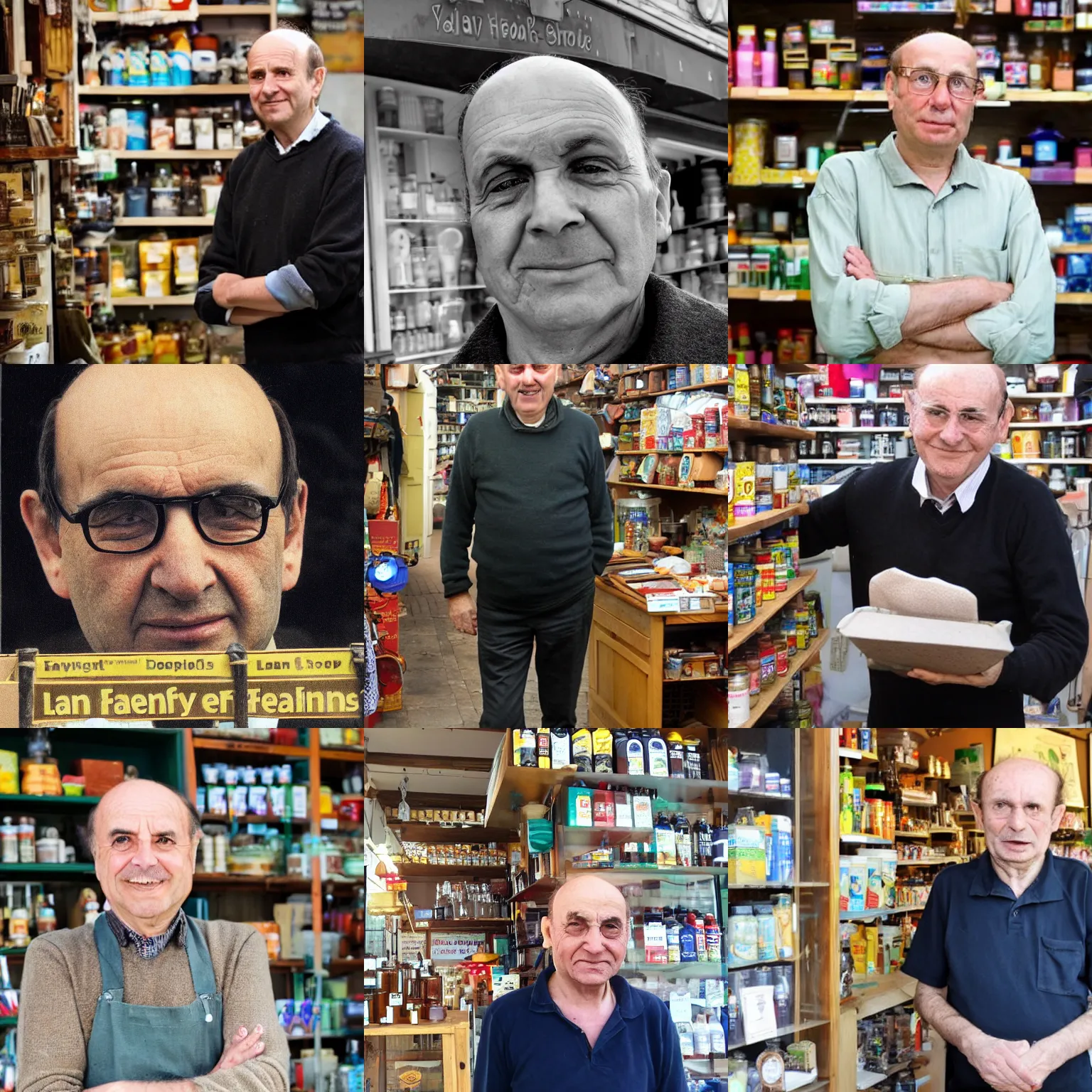 Prompt: a lean and balding human male shopkeeper of fifty years with a kindly manner