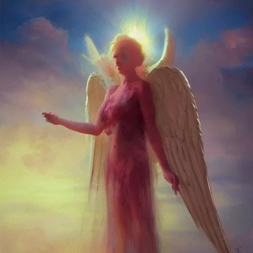 Image similar to a scary biblically accurate angel, many wings many eyes in a beautfiful sky, pink clouds illuminated by the sun, eerie, monster like, by craig mullins