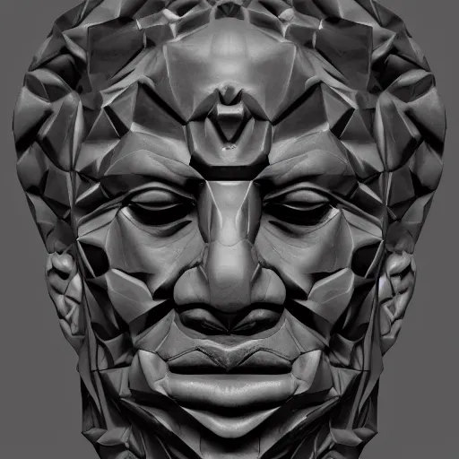 Prompt: a face carved of black marble blending into ablack background. expressive eyes. symmetry. epic. ominous shapes. lighting from the bottom. trending on artstation