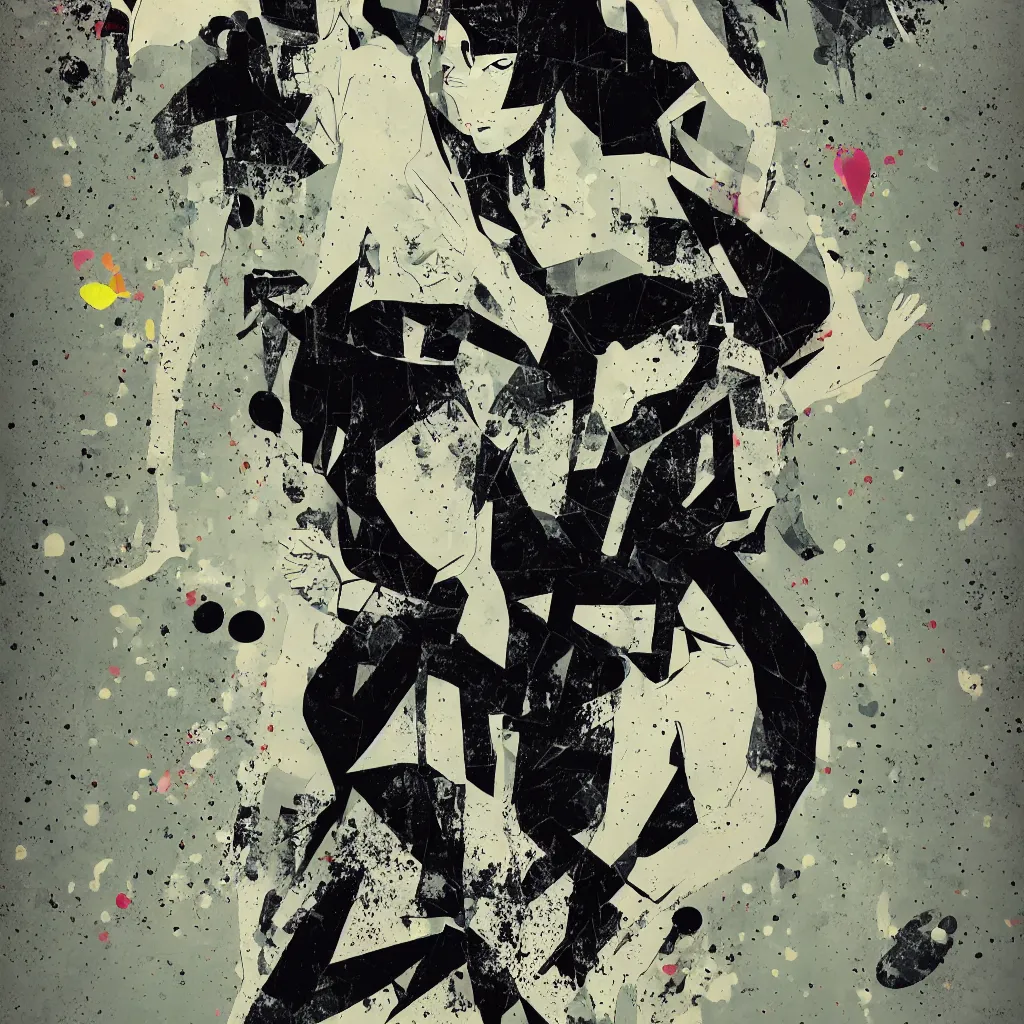 Image similar to girl figure, abstract, jet set radio artwork, ryuta ueda artwork, cryptic, rips, spots, asymmetry, stipple, lines, glitches, color tearing, pitch bending, stripes, dark, ominous, eerie, hearts, minimal, points, technical, natsumi mukai artwrok, folds