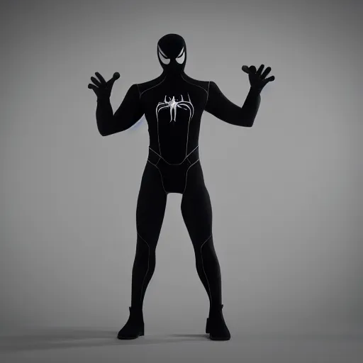 Image similar to black spider - man suit with white web lining, cinematic, volumetric lighting, realistic, hyperdetailed, photorealistic, photograph